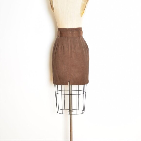 vintage 80s pencil skirt brown high waisted wide belt belted narrow mini skirt S - Picture 6 of 8